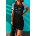 Black Shiny Shading Letter Print Striped Leopard Short Sleeve Mini Dress