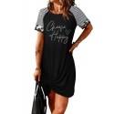 Black Shiny Shading Letter Print Striped Leopard Short Sleeve Mini Dress