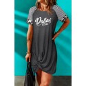 Gray Dallas Texas Letter Print Twist Striped Short Sleeve Mini Dress