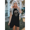 Black Leopard Ghost Graphic Mixed Print Sleeve T Shirt Dress with Twist