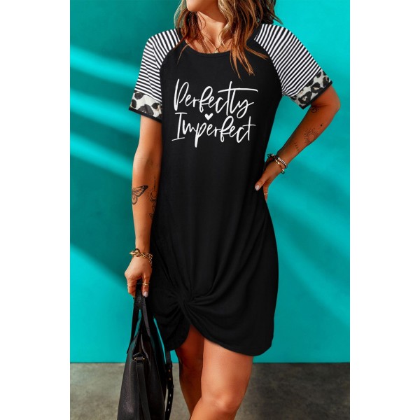 Black Perfectly Imperfect Twist Knot Striped Short Sleeve Mini Dress