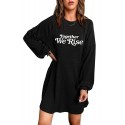 Black Together We Rise Letter Print Empire Waist Ribbed Knit Dress