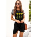 Black  Letter Sunflower Print Twist Knot Short Sleeve Mini Dress