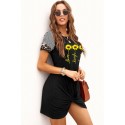 Black  Letter Sunflower Print Twist Knot Short Sleeve Mini Dress