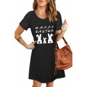 Black Happy Easter Bunny Print Short Sleeve Mini Dress