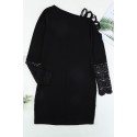 Black Lucky Clover Print Cut-out Lace Patchwork Long Sleeve Mini Dress