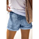 Sky Blue Rose Striped Graphic Ripped Patch Jeans Shorts