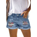 Sky Blue Rose Striped Graphic Ripped Patch Jeans Shorts