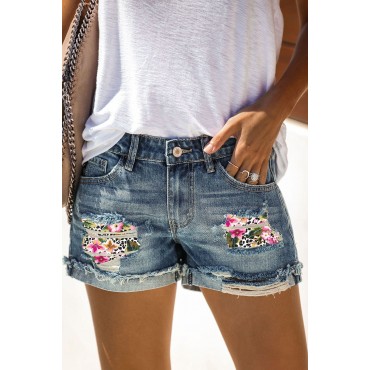 Sky Blue Floral Leopard Patchwork Ripped Denim Shorts