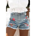 Sky Blue Rose Leopard Patchwork Raw Hem Distressed Denim Shorts