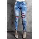 Plaid Patchwork Skinny Fit High Waist Distressed Jeans