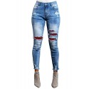 Plaid Patchwork Skinny Fit High Waist Distressed Jeans