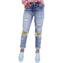 Leopard Sunflower Ripped High Waist Straight Jeans