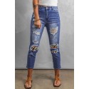 Leopard Patchwork Mid Waist Slim-fit Ripped Boyfriend Jeans