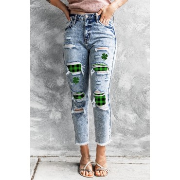 Sky Blue Faded Washed Green Plaid Clover Distressed Skinny Jeans