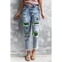 Sky Blue Faded Washed Green Plaid Clover Distressed Skinny Jeans