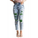 Sky Blue Faded Washed Green Plaid Clover Distressed Skinny Jeans