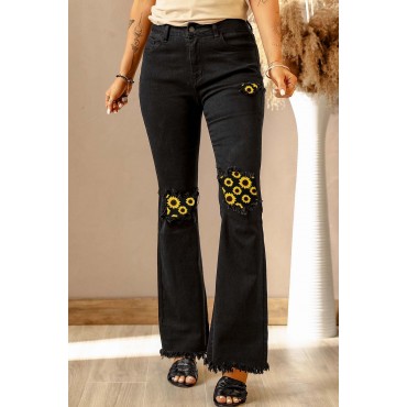 Black Sunflower Patchwork Raw Hem High Rise Flare Jeans