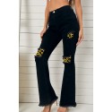 Black Sunflower Patchwork Raw Hem High Rise Flare Jeans