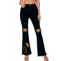 Black Cat Sunflower Print Distressed Flare Jeans