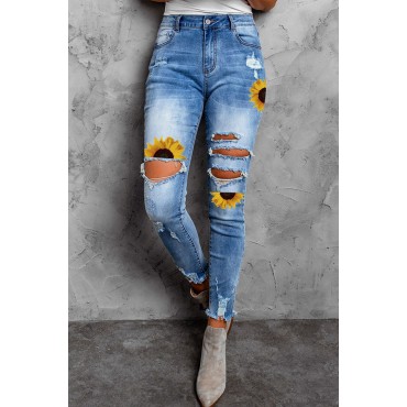 Sky Blue Sunflower Print Skinny Fit High Waist Distressed Jeans