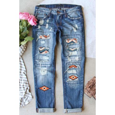 Sky Blue Western Aztec Pattern Splicing Distressed Jeans