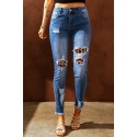 Sky Blue Leopard Splicing Skinny Distressed Ankle Jeans