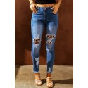 Sky Blue Leopard Splicing Skinny Distressed Ankle Jeans