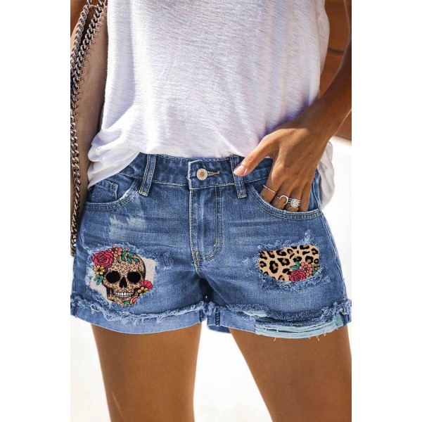 Sky Blue Leopard Skull Floral Print Roll Up Distressed Denim Shorts