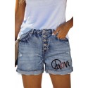 Sky Blue Casual Peace Logo Graphic Denim Short