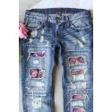 Sky Blue Floral Patchwork Mid Waist Distressed Jeans