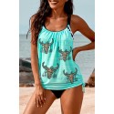 Sky Blue Leopard Steer Head Print Drawstring Racerback Tankini Swimsuit