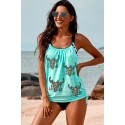 Sky Blue Leopard Steer Head Print Drawstring Racerback Tankini Swimsuit