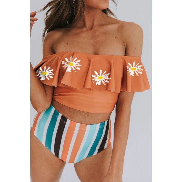 Orange Ruffles Overlay Off Shoulder Top and Striped Panty Bikini