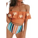 Orange Ruffles Overlay Off Shoulder Top and Striped Panty Bikini