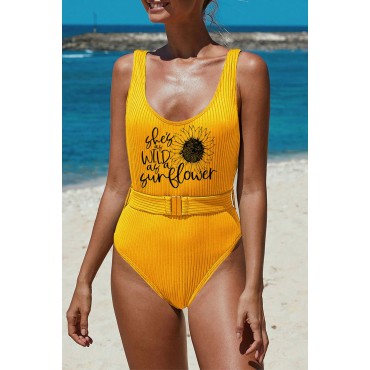 Letter Sunflower Print Ribbed Belted One-piece Swimsuit