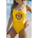 Yellow Baseball Letter Print Ribbed Backless One-piece Swimwear