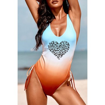 Sky Blue Leopard Heart Gradient Color Print Drawstring Backless Swimwear