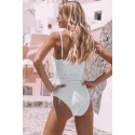 White Floral Print Frilled Belted Spaghetti Strap One-piece Swimsuit