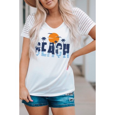 White BEACH Letter Graphic Printed Short Sleeve T Shirt