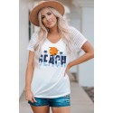 White BEACH Letter Graphic Printed Short Sleeve T Shirt