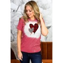 Valentine Plaid Heart Shaped Print Crew Neck Short Sleeve T-shirt