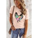 Pink Floral Chicken Print Short Sleeve Graphic T-shirt