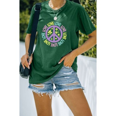 Green Casual Peace Logo Letter Print Graphic Tee