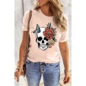 Pink Skull Floral Butterfly Printed Short Sleeve T Shirt