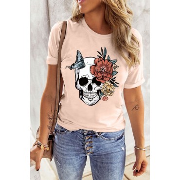 Pink Skull Floral Butterfly Printed Short Sleeve T Shirt