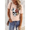 Pink Skull Floral Butterfly Printed Short Sleeve T Shirt