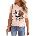 Pink Skull Floral Butterfly Printed Short Sleeve T Shirt