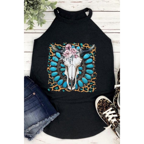 Black Western Turquoise Floral Steer Head Print Graphic Tank Top